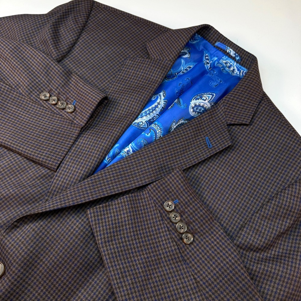 Byron Hong Kong Men's 44R Brown Blue‎ Check Blazer Jacket Paisley Lined